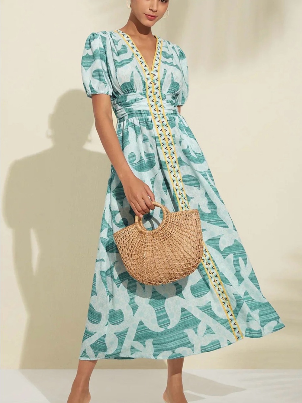 Ador Abstract Print Puff Sleeves V-Neck Maxi Dress M